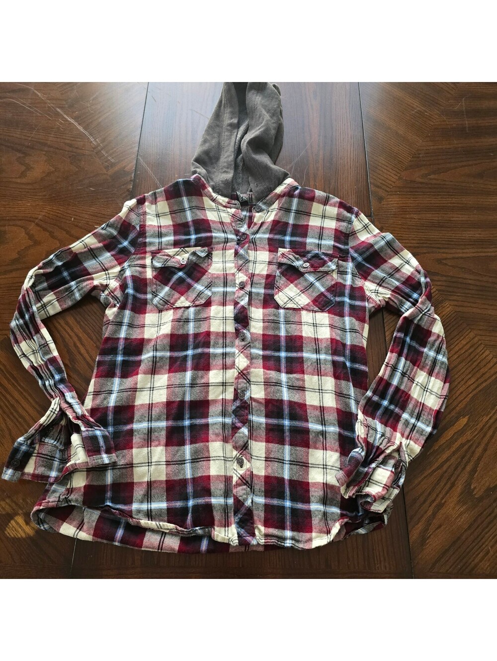 Empyre hooded plaid flannel shirt red white gray